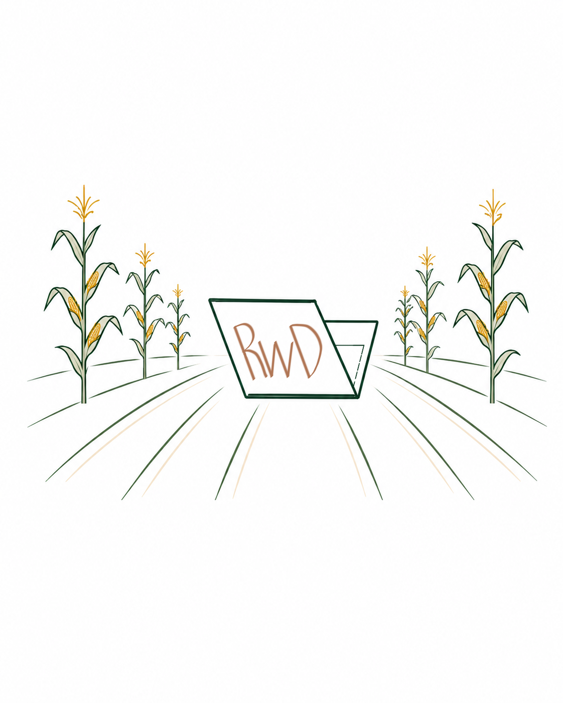Rural Website Development logo illustration — a road sign reading RWD between two rows of cornstalks